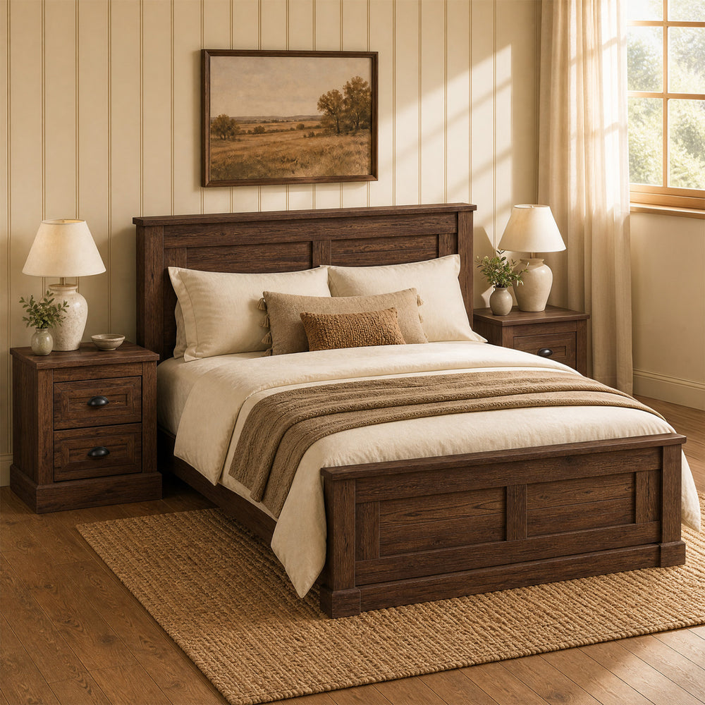 Brown farmhouse nightstand showcasing a robust construction with a wood grain finish and vintage handles for stylish bedside use.