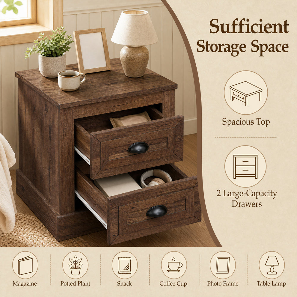 Farmhouse nightstand in brown with two large-capacity drawers and spacious top for bedside storage and decor.