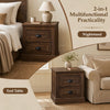 Brown farmhouse nightstand with two drawers, featuring a wood grain finish and vintage handles for versatile storage.