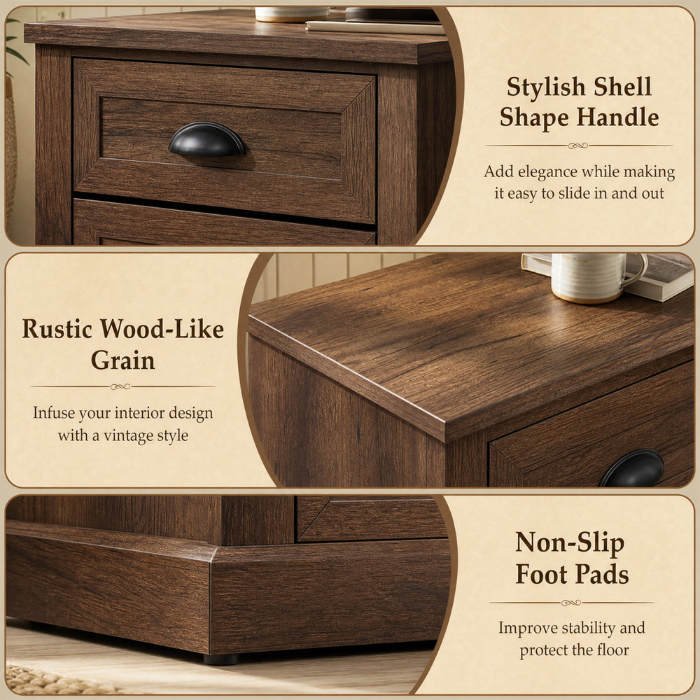 Farmhouse nightstand in brown with two drawers, vintage handles, and non-slip foot pads for stable bedside storage.