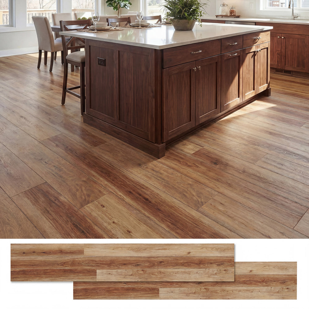 Brown vinyl plank flooring in a kitchen setting, showcasing wear-resistant and waterproof features for easy maintenance.