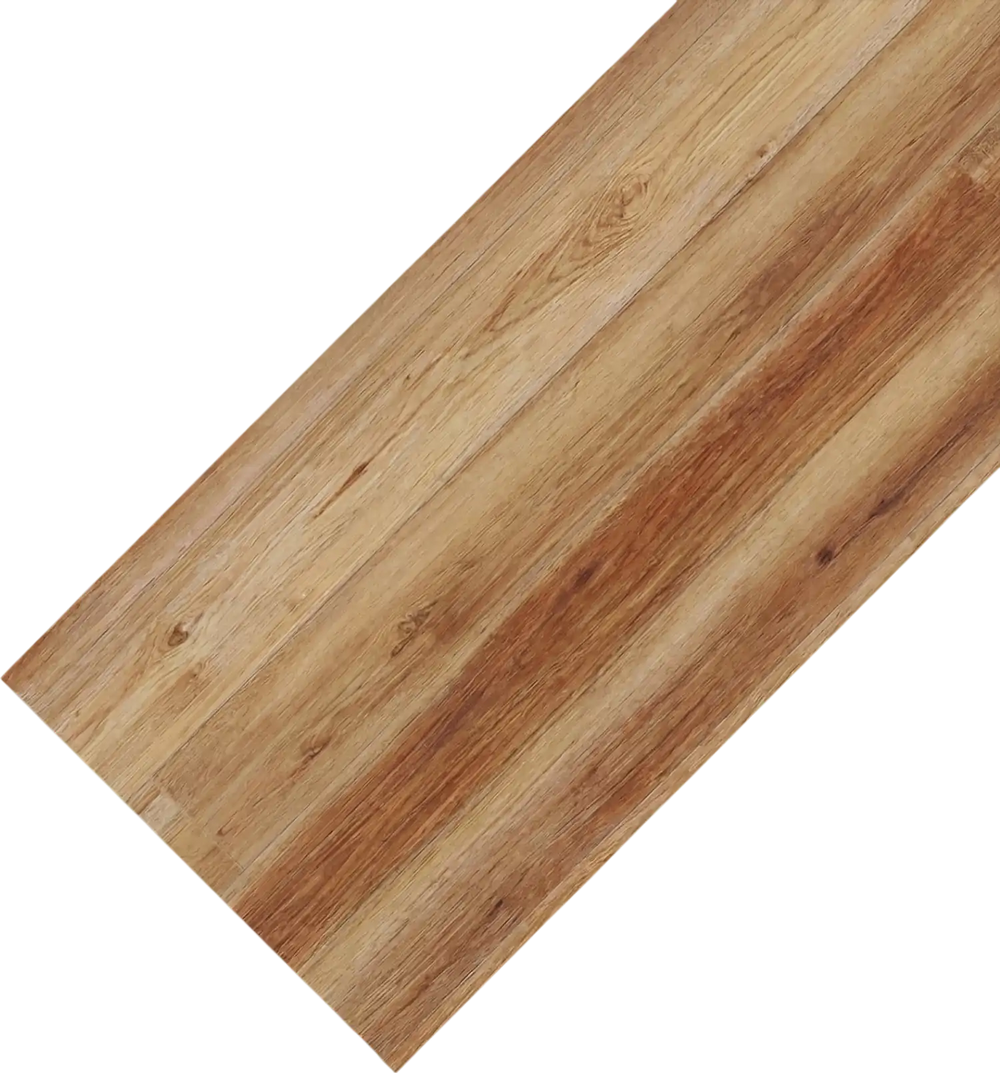 Close-up of brown vinyl plank flooring with 3D wood grain design, waterproof and scratch-resistant for versatile use.
