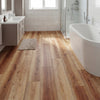 Vinyl plank flooring in brown with 3D wood grain design, waterproof and scratch-resistant for home or office use.
