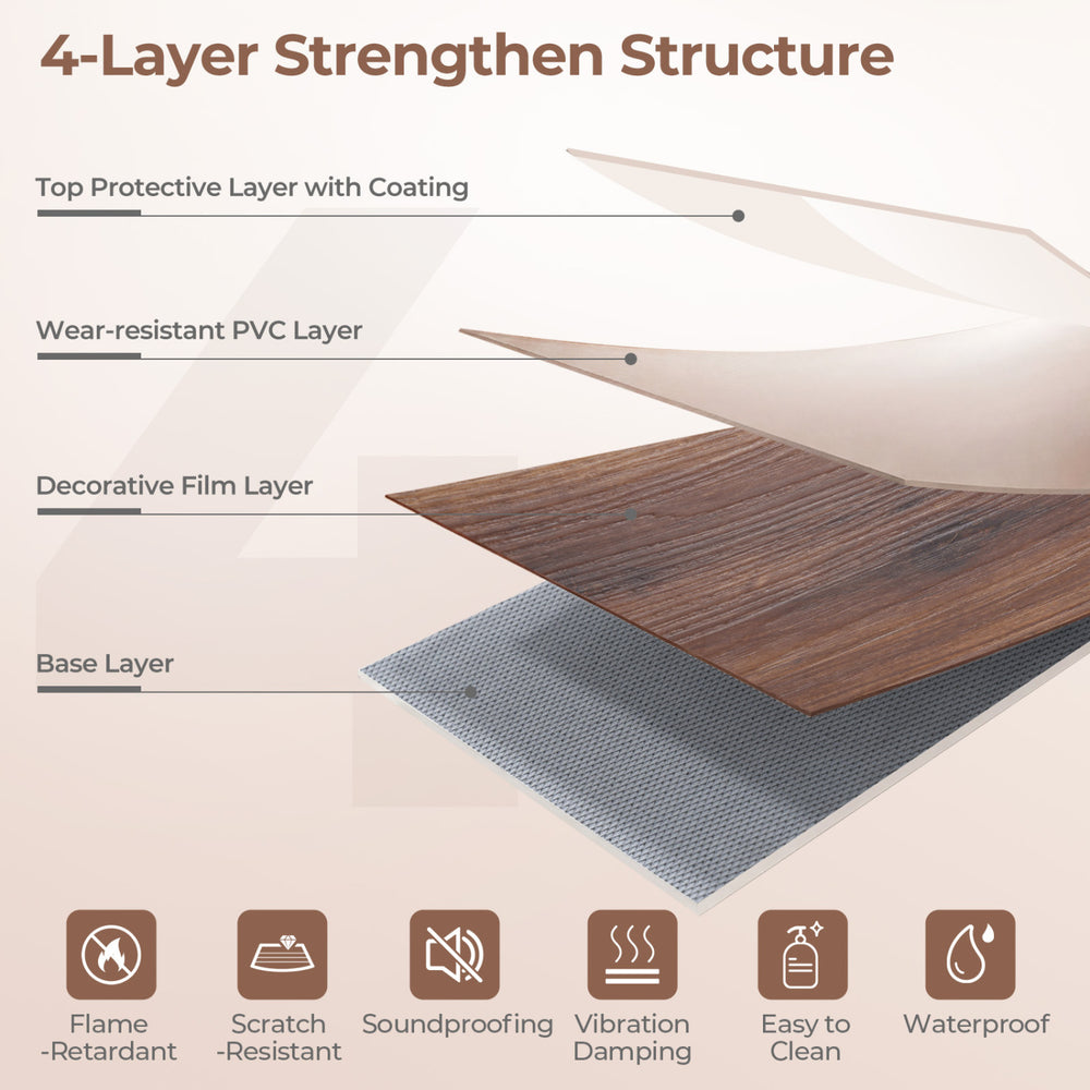 Close-up of 4-layer waterproof vinyl plank flooring in brown, featuring scratch-resistant and soundproofing properties.