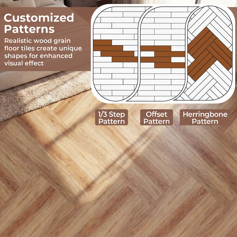 Set of 2 waterproof vinyl floor tiles in brown, featuring customizable 1/3 step, offset, and herringbone patterns.