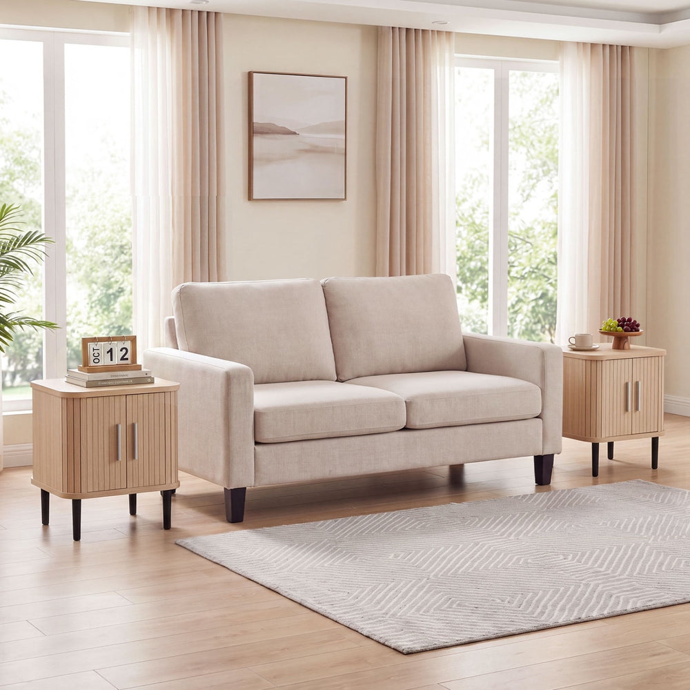 Set of 2 Fluted Nightstand with Sliding Doors and Adjustable Shelf for Small Spaces-Natural - Gallery View 1 of 8