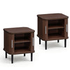 Set of 2 walnut nightstands with sliding doors, adjustable shelves, and curved edges for versatile small space storage.