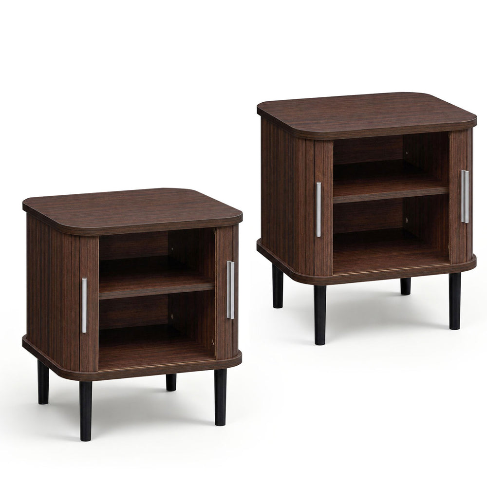 Set of 2 walnut nightstands with sliding doors, adjustable shelves, and curved edges for versatile small space storage.