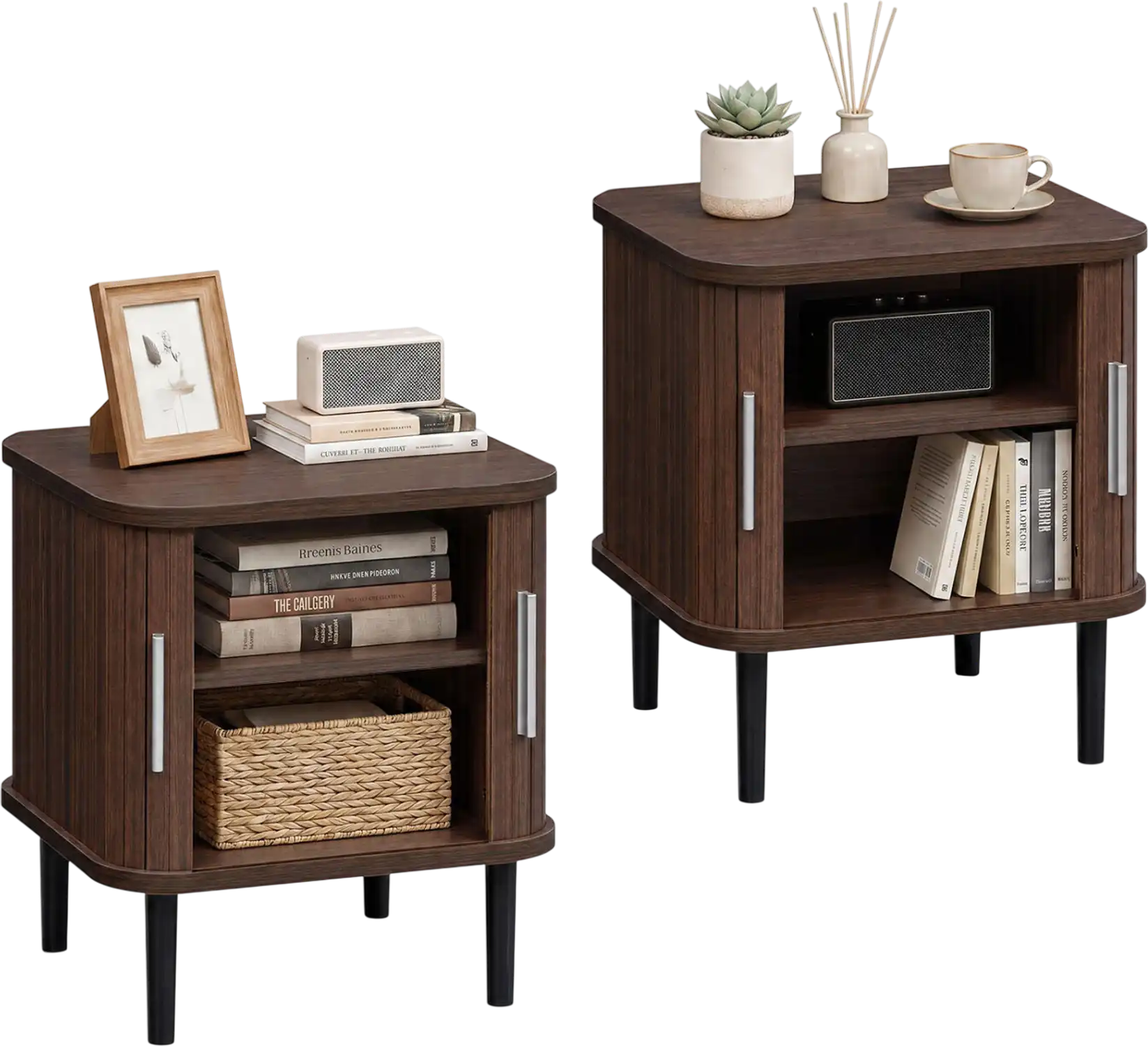 Costway Set of 2 Fluted Nightstands Sliding Doors Adjustable Shelf Small Spaces 24038346 New
