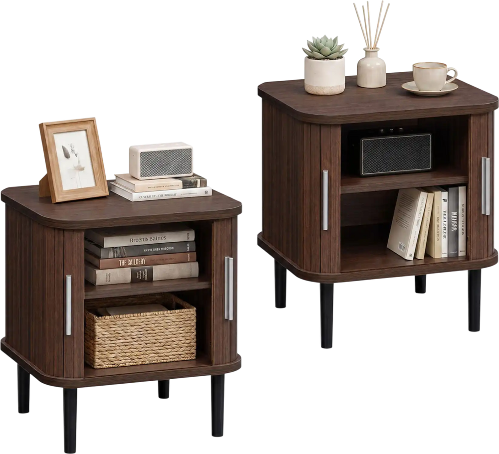 Fluted nightstand set in walnut features sliding doors, adjustable shelf, and ample storage for small spaces.
