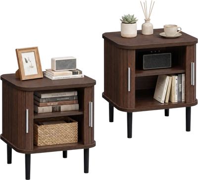Costway Set of 2 Fluted Nightstands Sliding Doors Adjustable Shelf Small Spaces 24038346 New
