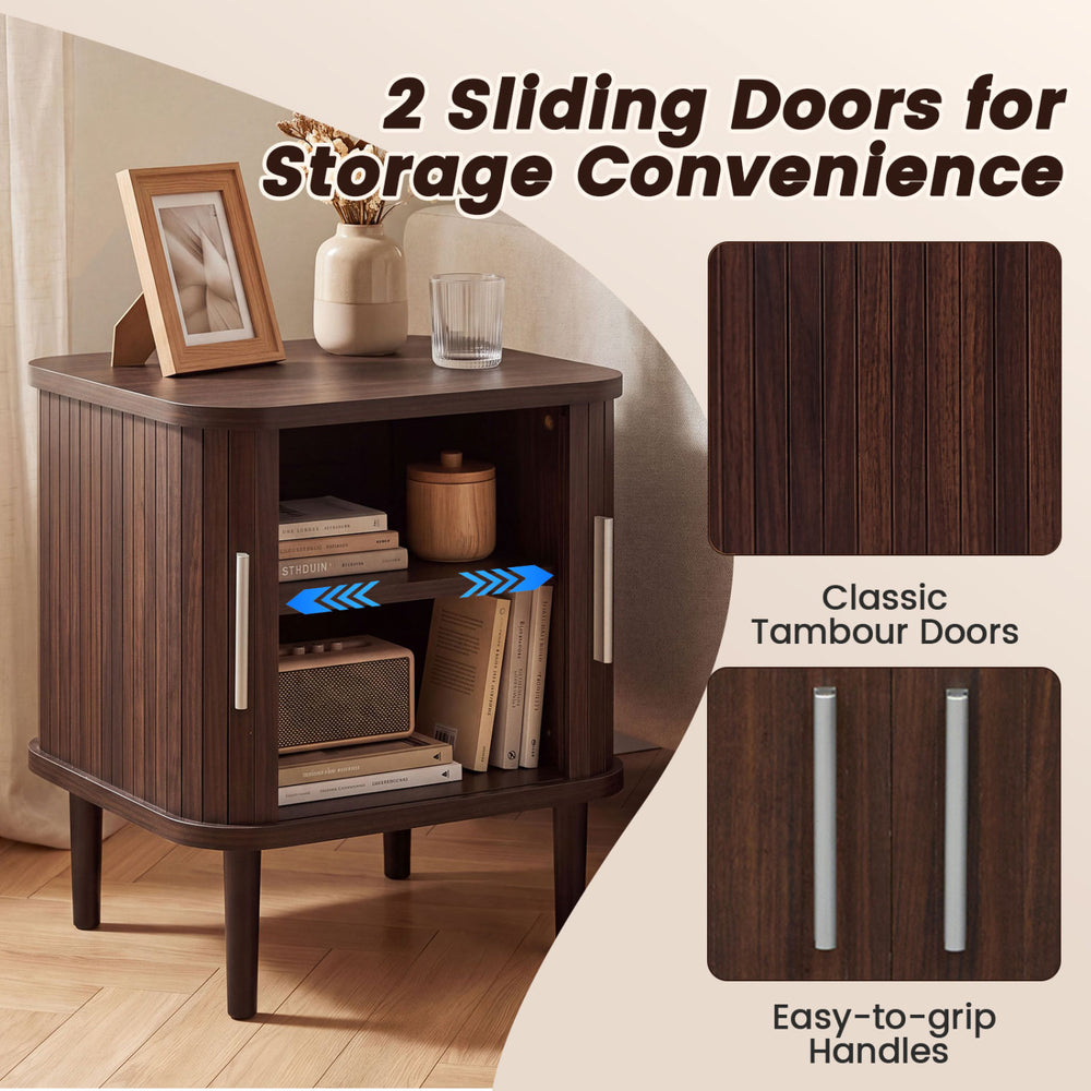 Fluted walnut nightstand features 2 sliding tambour doors, an adjustable shelf, and a wide tabletop for versatile storage.