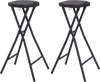 Set of 2 black folding bar stools with HDPE seats and carry handles, perfect for kitchen bars and easy transportation.