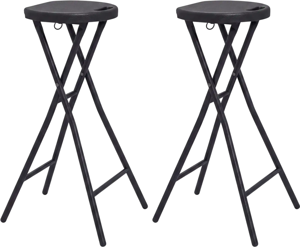 Set of 2 black folding bar stools with HDPE seats and carry handles, perfect for kitchen bars and easy transportation.