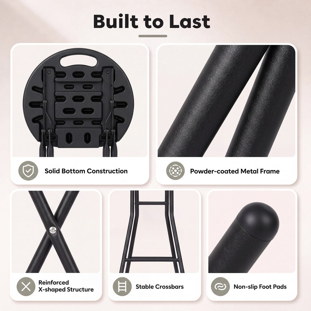 Folding bar stool set with HDPE seat, powder-coated metal frame, and non-slip foot pads for kitchen and patio use.