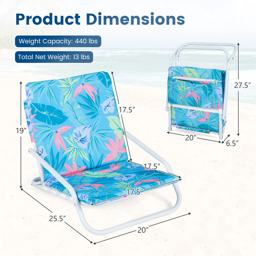 Folding beach chair with sponge padded seat, vibrant colors, and convenient storage pocket for outdoor comfort.