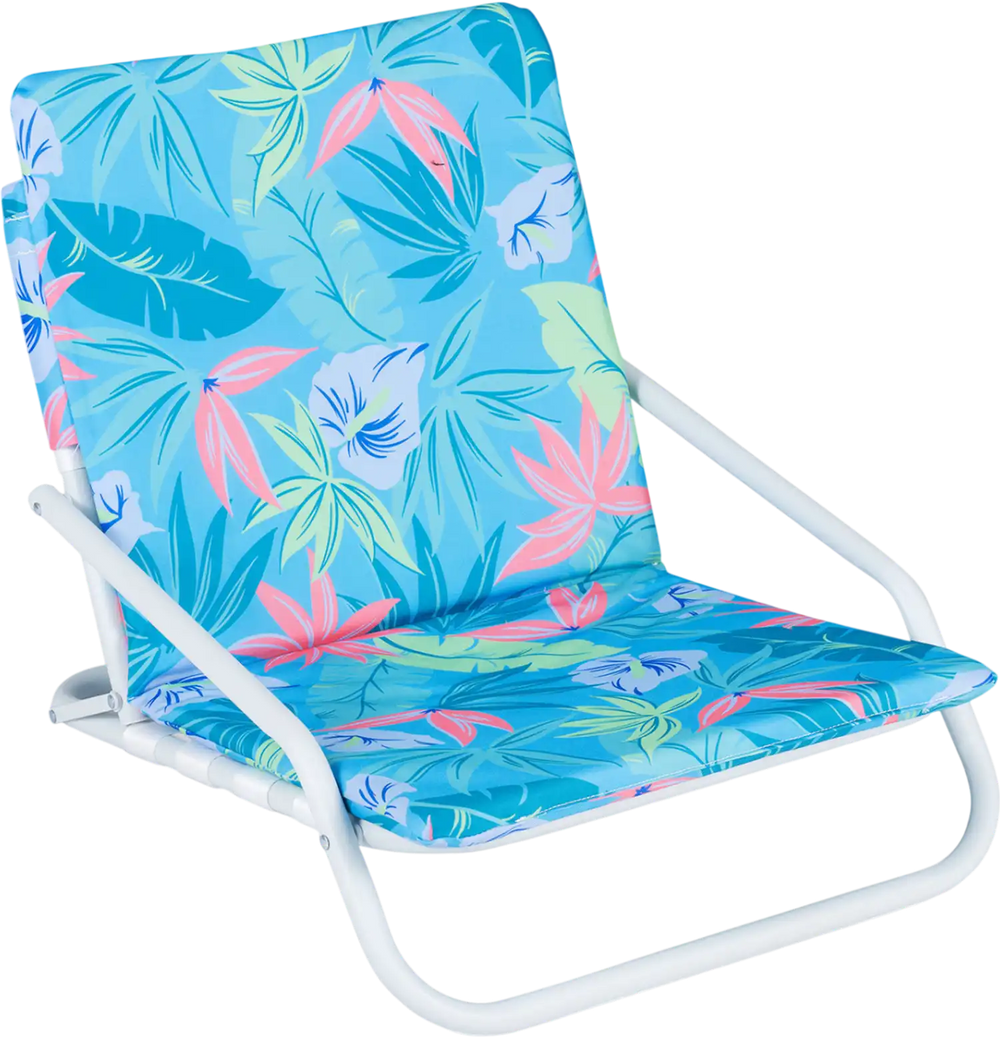 Folding beach chair with sponge padded seat in vibrant colors, perfect for camping and outdoor relaxation.