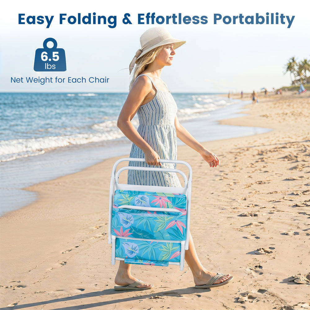 Folding beach chair set with sponge padded seats, lightweight design, and vibrant colors for comfortable outdoor lounging.
