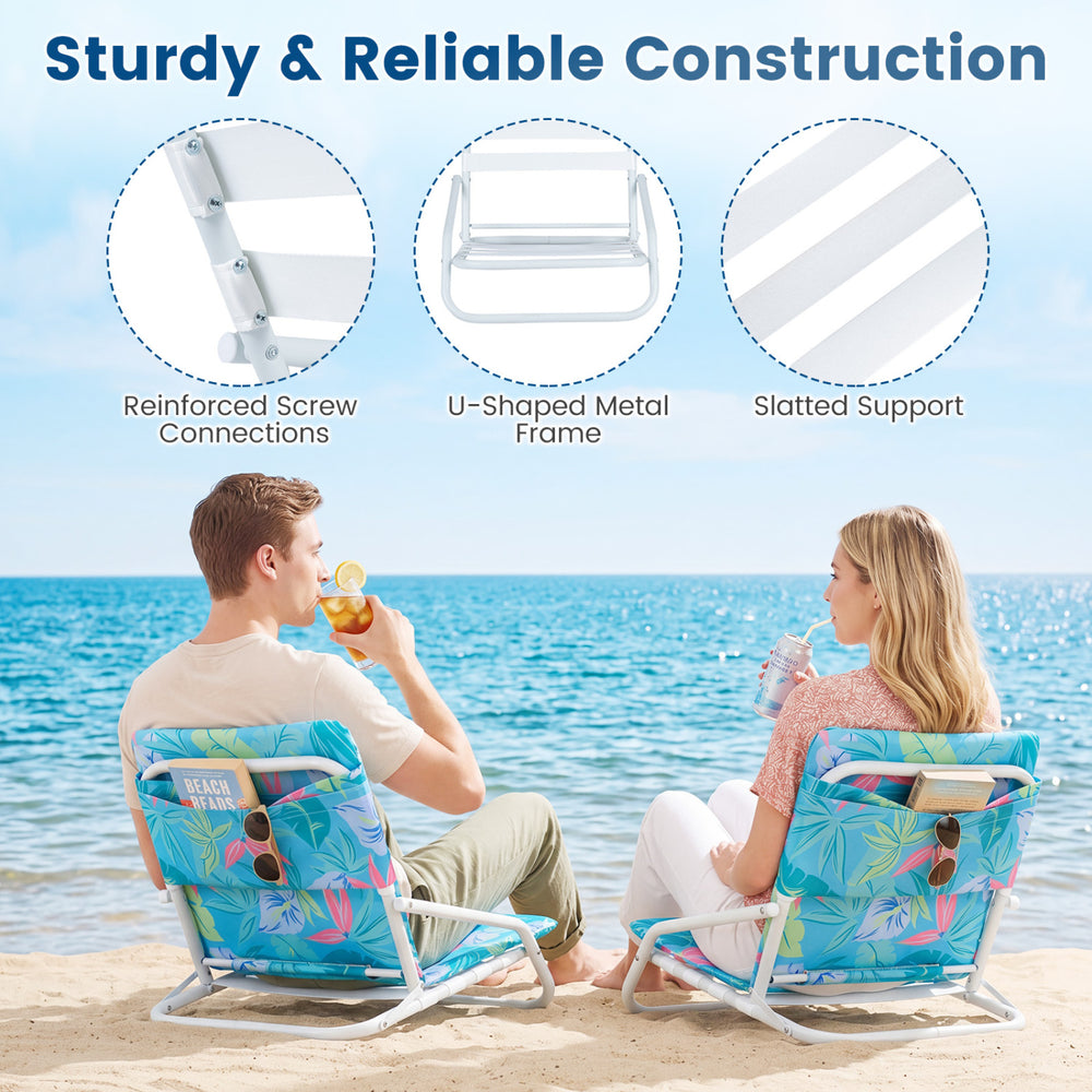 Set of 2 folding beach chairs with sponge padded seats, U-shaped metal frame, perfect for camping and beach days.