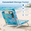 Folding beach chair with sponge padded seat and convenient storage pocket for books, sunglasses, and essentials.