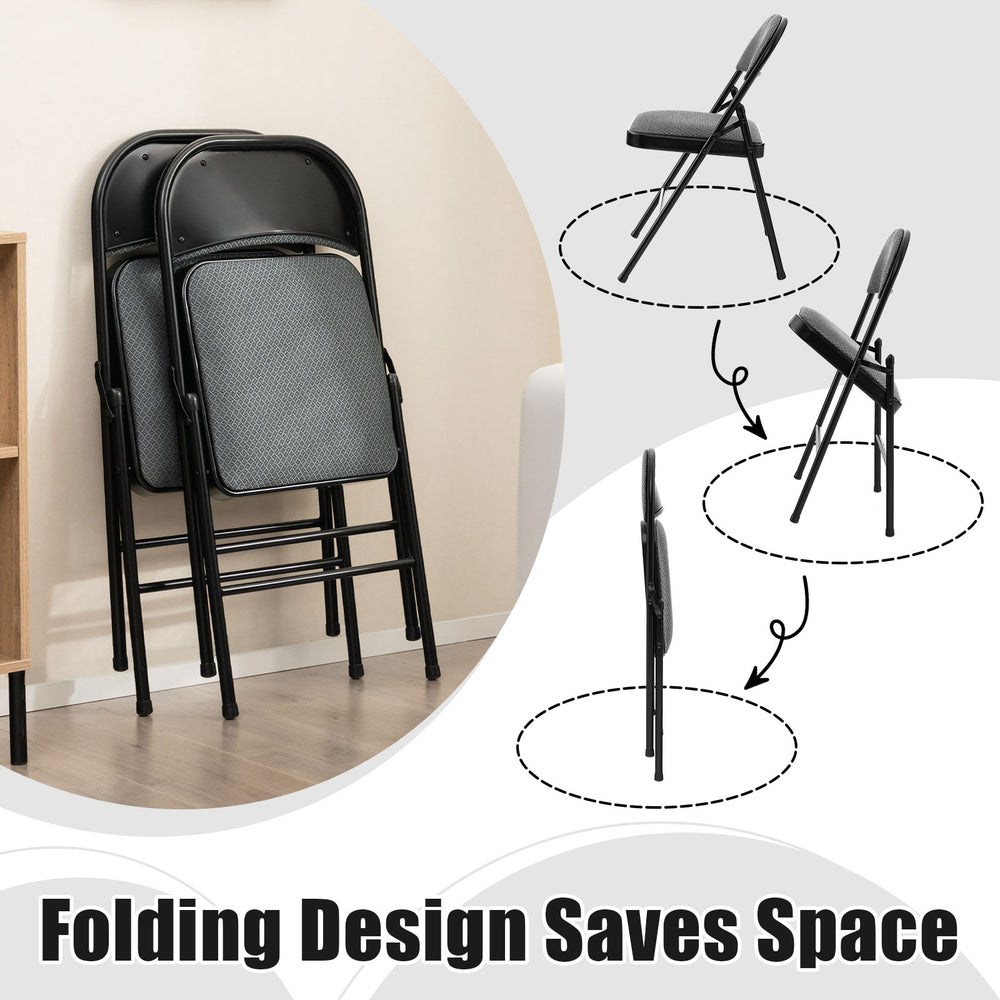 Folding chairs stacked for easy storage, featuring upholstered seats and fabric-covered backrests for versatile use.
