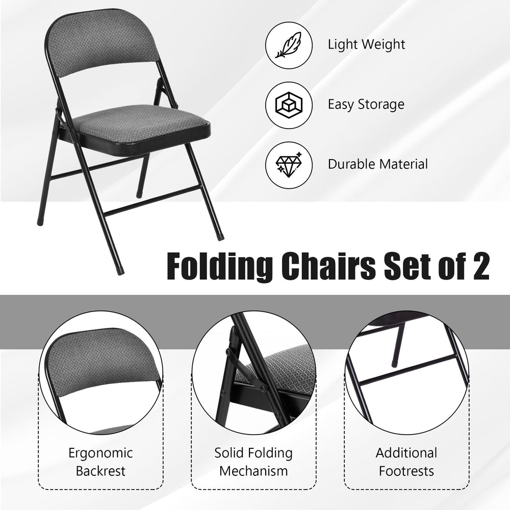 Folding chair set of 2 with upholstered seat, ergonomic backrest, and solid folding mechanism for easy storage.