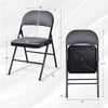 Folding chair set with upholstered seat and fabric backrest, featuring dimensions for easy storage and stability.
