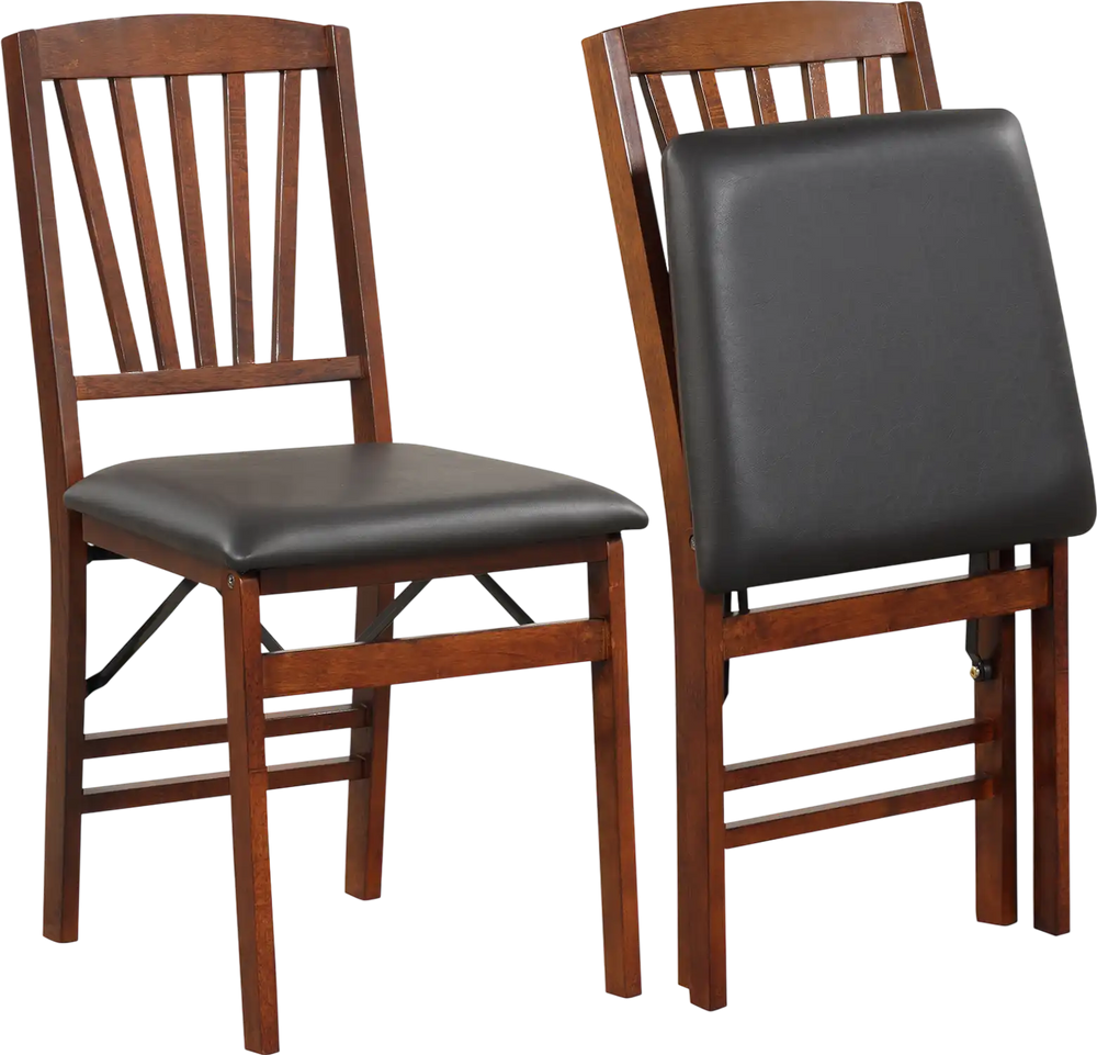Set of 2 brown folding chairs with padded seats, rubber wood frame, and high backrest for comfort and stability.