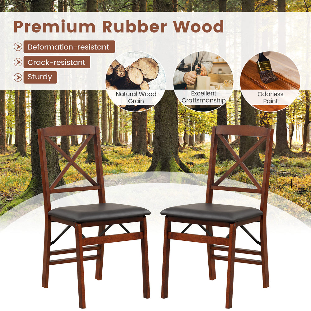 Set of 2 folding dining chairs in brown, made of premium rubber wood, featuring soft cushions and a sturdy design for.