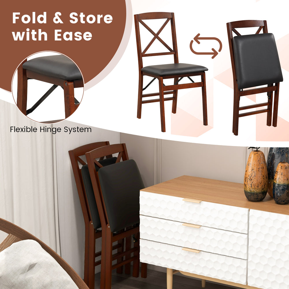 Set of 2 brown folding dining chairs with soft foam cushions, flexible hinge system, and 400 lbs capacity for easy.
