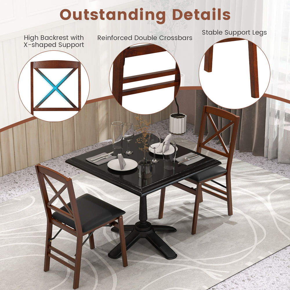 Set of 2 brown folding dining chairs with high backrest, reinforced crossbars, and non-slip pads for stability.