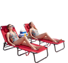 Set of 2 red folding tanning chairs with face holes and removable pillows, ideal for poolside relaxation.