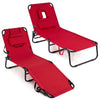 Red folding tanning chairs with adjustable backrest and face hole, featuring 3 removable pillows for versatile comfort.
