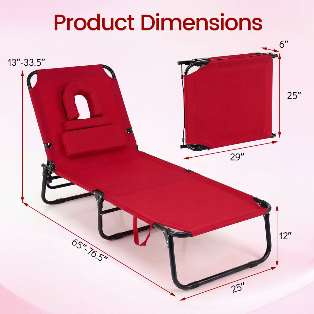 Red folding tanning chair with face hole, adjustable backrest, and removable pillows; ideal for beach or poolside use.