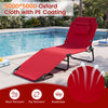Folding tanning chair in red with adjustable backrest, face hole, and detachable pillows for poolside relaxation.