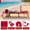 Folding face down tanning chair in red with face hole and three removable pillows, ideal for beach or poolside.