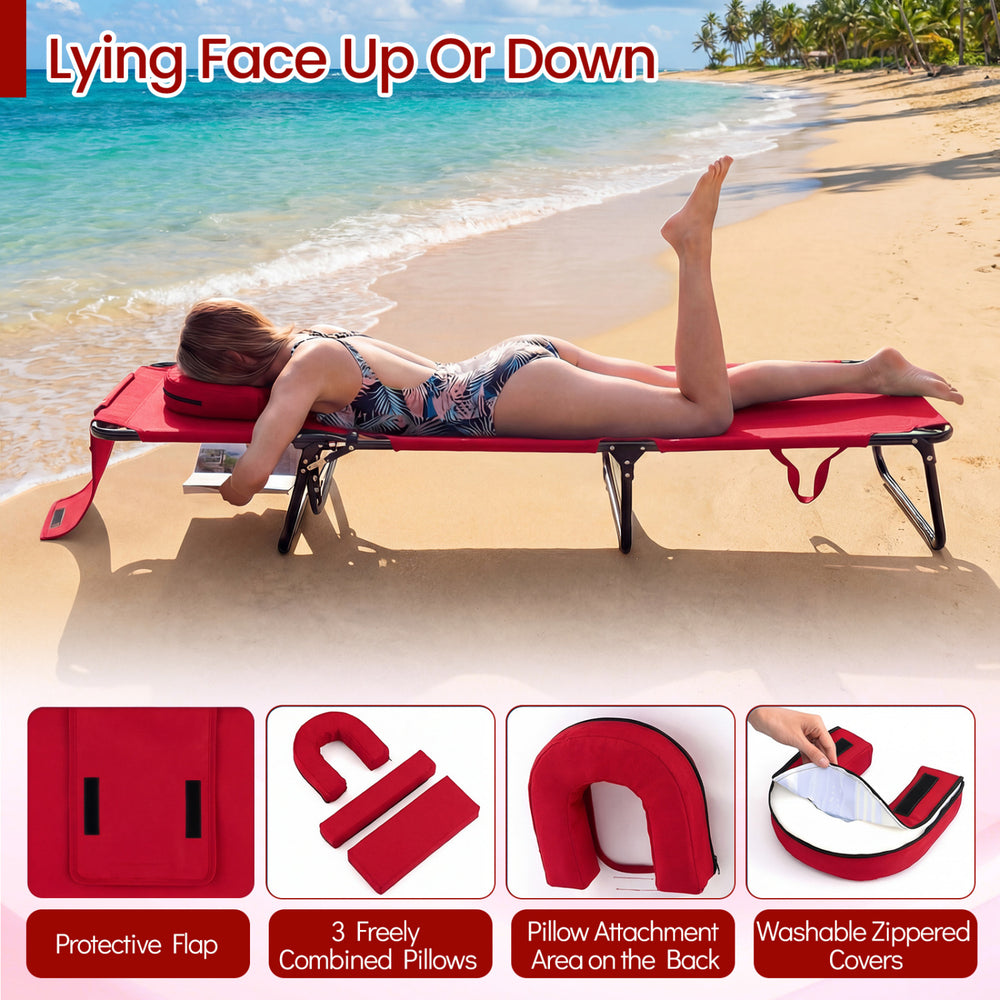 Folding face down tanning chair in red with face hole and three removable pillows, ideal for beach or poolside.
