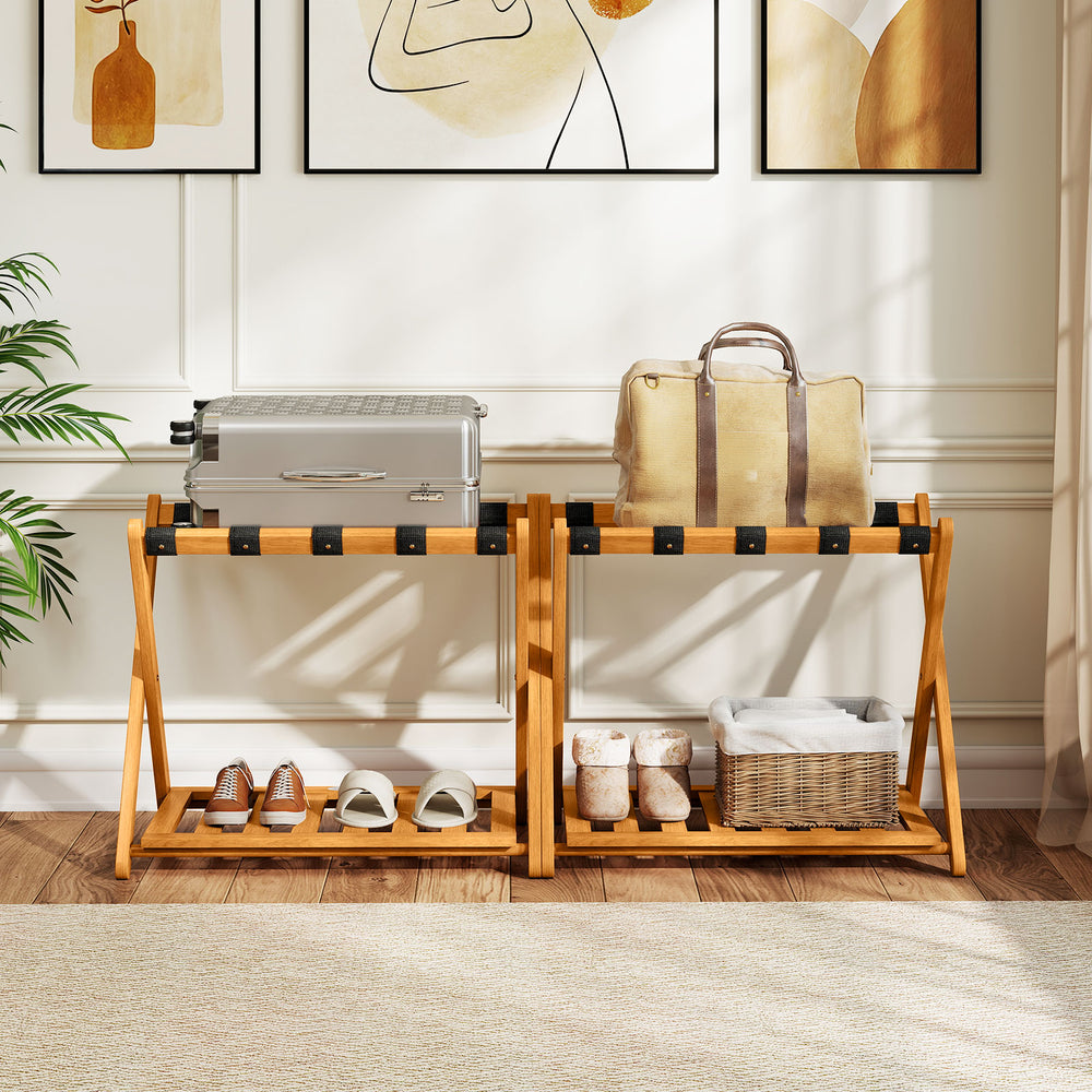 Set of 2 folding luggage racks in acacia wood with nylon straps and slatted shelves, perfect for guest room.
