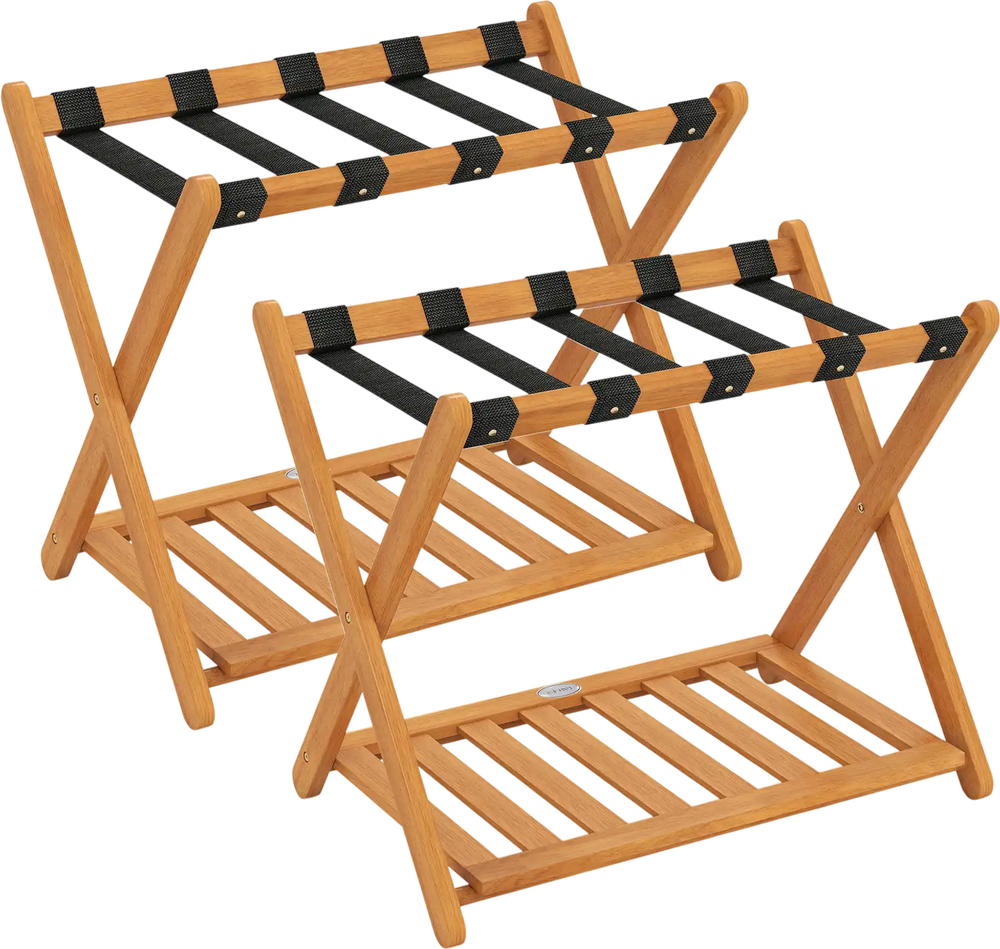 Set of 2 Folding Luggage Racks with 5 Nylon Straps and Slatted Storage Shelf