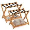 Folding luggage racks made of solid acacia wood with nylon straps and slatted shelves, perfect for guest rooms.