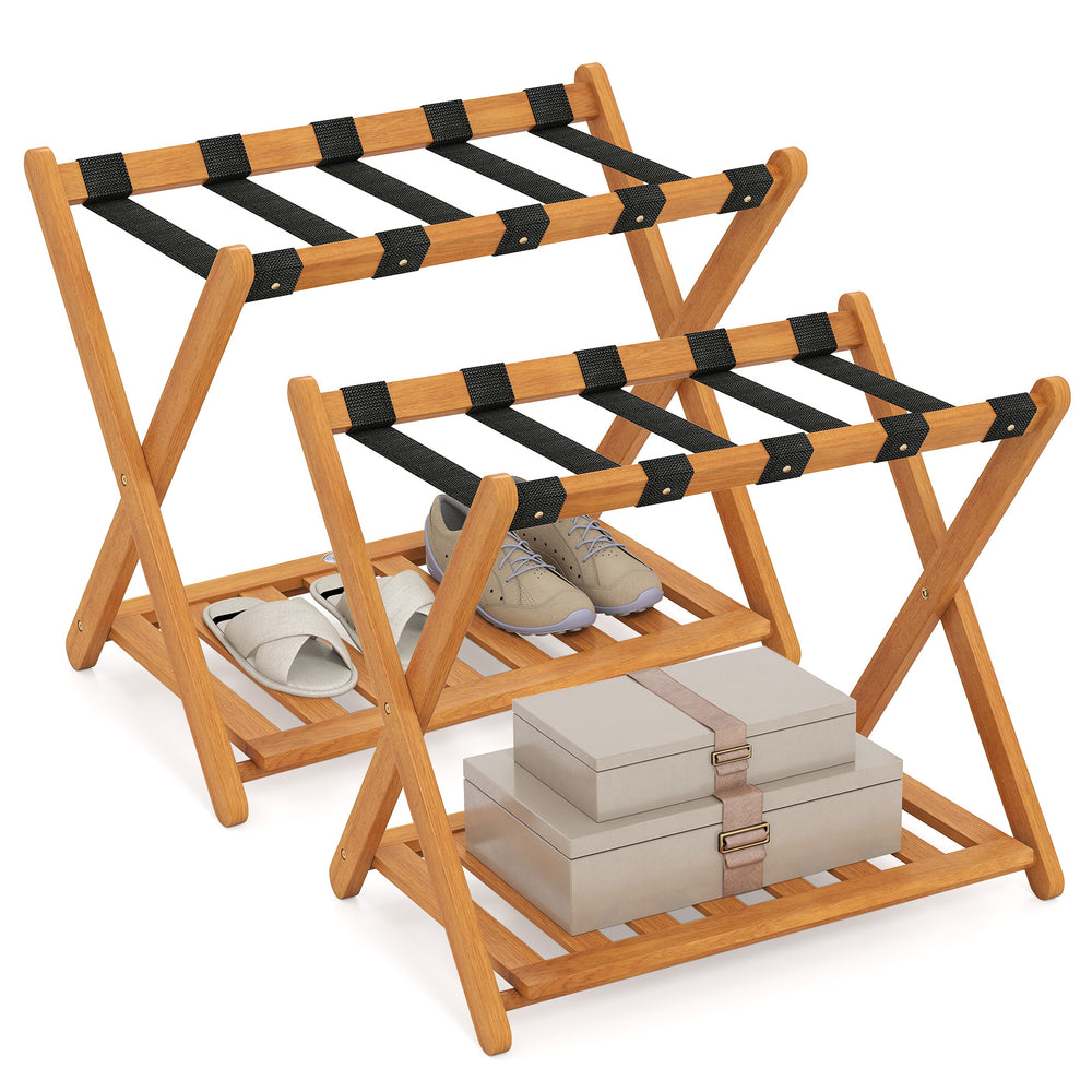 Folding luggage racks made of solid acacia wood with nylon straps and slatted shelves, perfect for guest rooms.