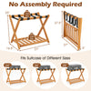 Folding luggage rack with solid acacia wood frame, 5 nylon straps, and slatted storage shelf for bedroom or hotel use.
