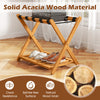 Folding luggage rack made of solid acacia wood with 5 nylon straps and a slatted storage shelf for organized use.