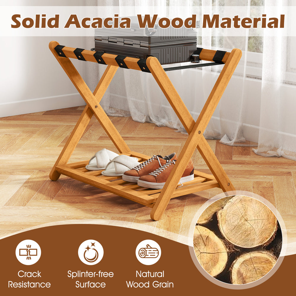 Folding luggage rack made of solid acacia wood with 5 nylon straps and a slatted storage shelf for organized use.