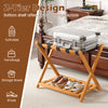 Folding luggage rack with acacia wood frame, nylon straps, and slatted storage shelf for organized travel essentials.