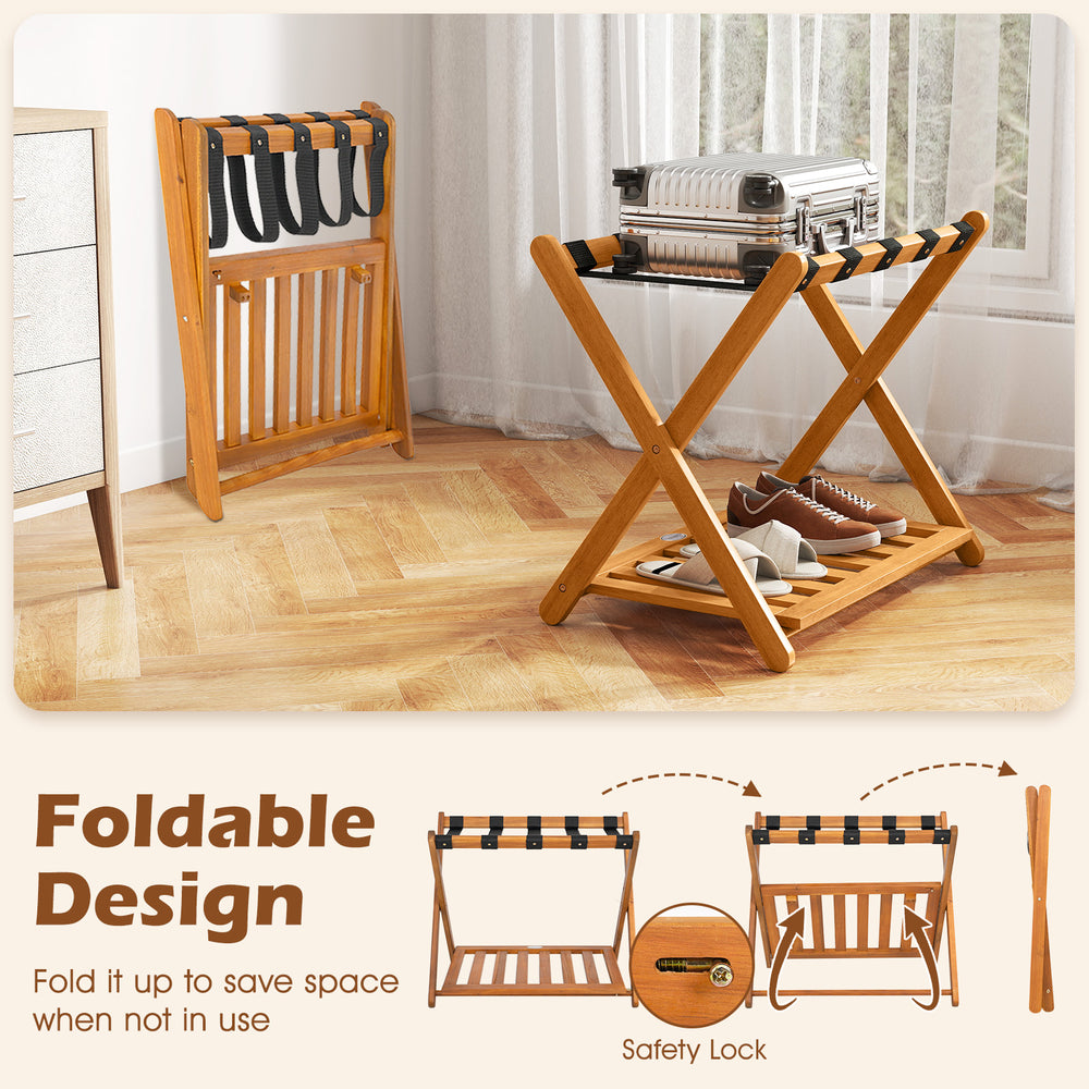 Folding luggage rack set with acacia wood frame, nylon straps, and slatted shelf for organized storage in guest rooms.