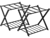 Set of 2 black folding metal luggage racks with sturdy iron structure, ideal for suitcase and bag storage in any room.