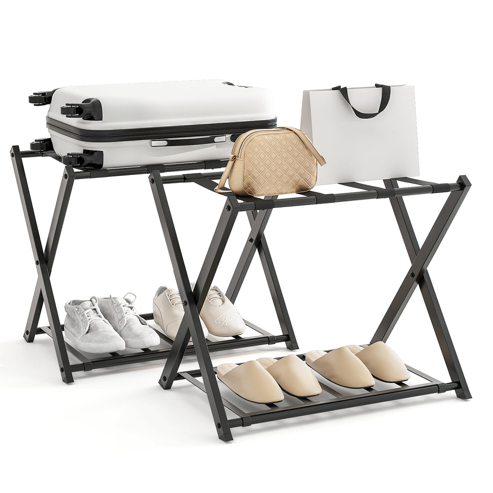 Folding metal luggage rack in black with suitcase, shoes, and bags, ideal for modern bedrooms or hotel use.