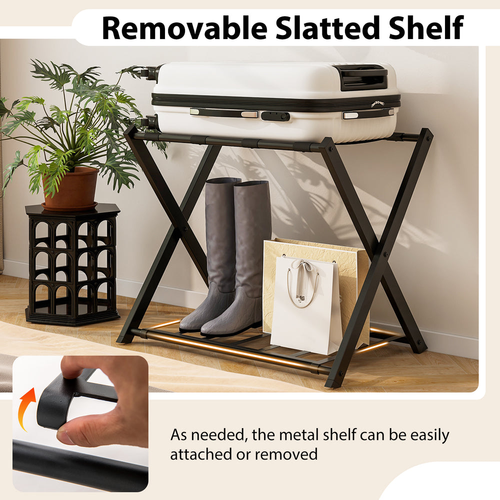 Folding metal luggage rack in black with removable slatted shelf, ideal for storing suitcases and shoes in modern.