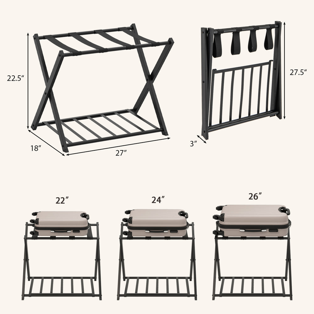 Folding metal luggage rack in black with sturdy iron structure, ideal for suitcase and bag storage in modern spaces.